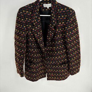 Emil Rutenberg Vintage Womens Wool Rainbow Black Plaid Knit Blazer Medium